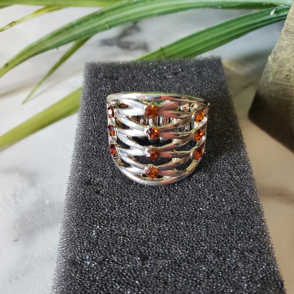 Silver Tone Adjustable Band Ring with Orange Brown Jewels 💥3 for $24💥 - Picture 7 of 15